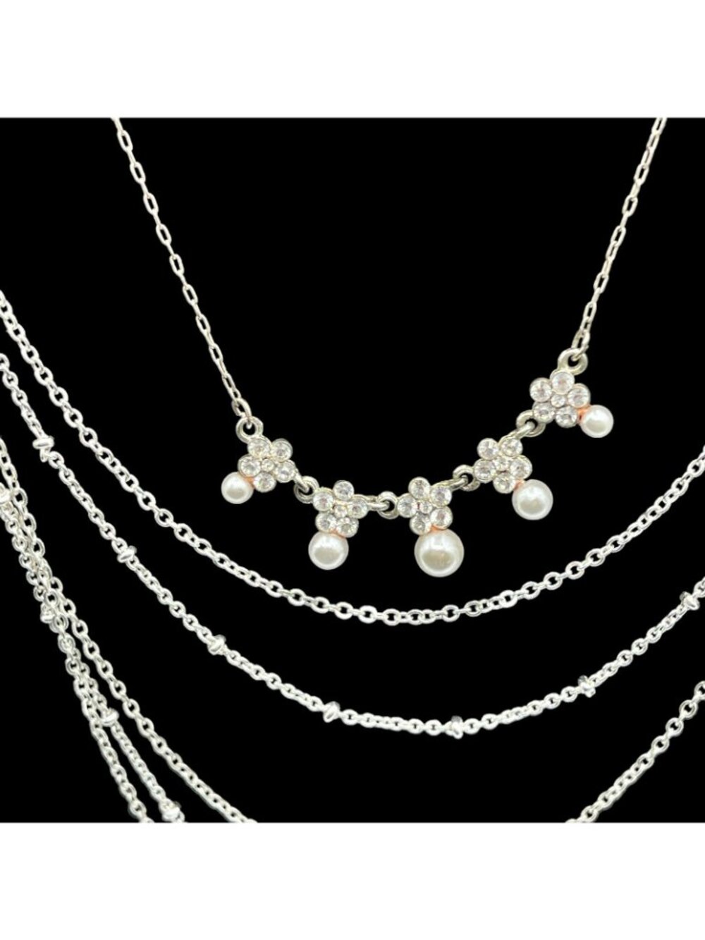 Multi Strand Necklace Stack Chain + Faux Pearl Crystal Silver Tone Vtg LC - Picture 4 of 9